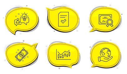 Payment sign. Diploma certificate, save planet chat bubbles. Checked file, Idea and Financial diagram line icons set. Correct document, Solution, Candlestick chart. Finance. Education set. Vector