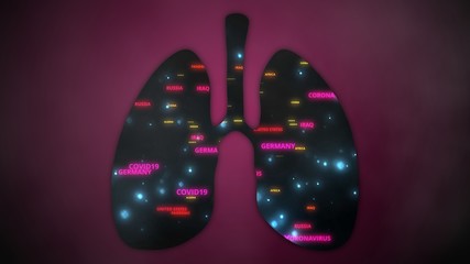 Coronavirus lungs animation. Covid-19 concept illustration with words flying inside lungs related to pandemic disease.