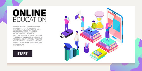 Isometric online education vector banner. E-learning. Imagination ad creativity.