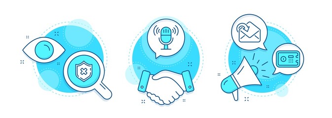 Reject protection, Safe box and Receive mail line icons set. Handshake deal, research and promotion complex icons. Microphone sign. No security, Deposit, Incoming message. Mic. Business set. Vector