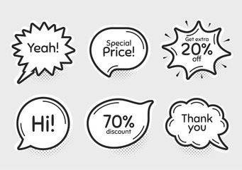 Comic chat bubbles. Special price, 70% discount and extra 20% off. Thank you, hi and yeah phrases. Sale shopping text. Chat messages with phrases. Drawing texting thought speech bubbles. Vector