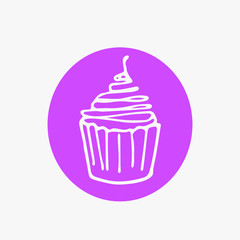 Single hand drawn cupcake, muffin on the pink circle . Doodle vector illustration in cute scandinavian style. Element for greeting cards, posters, stickers, kitchen design,food product wrapping paper