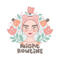 Asian Girl and the inscription. Night routine lettering. Round background with flowers, cosmetics packaging and shapes. Cosmetology, skin care, cream, beauty. Icon in flat style, vector illustration.