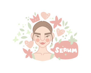 Vector hand drawn illustration in flat style. Asian girl and the inscription. Serum lettering in speech bubble. Background with flowers, heart, crown. Border in sketch style. Skin care routine, beauty