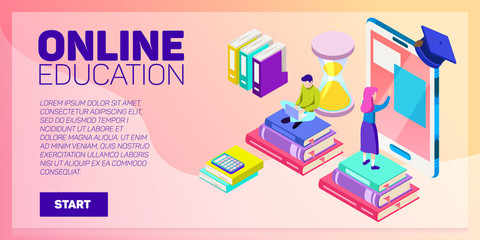 Isometric online education vector banner. E-learning. Imagination ad creativity.