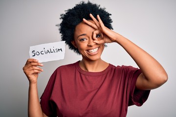 Young African American afro politician woman with curly hair socialist party member with happy face...