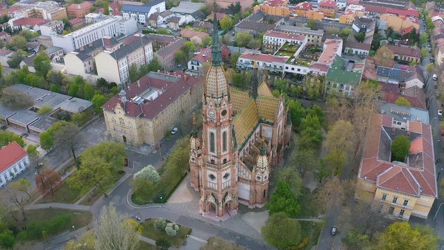 Europe Hungary Budapest. St. laszlo Parish of Kobanya. Every roof tiles made  about of famous Zsolnay pyro granite. 4K Aerial footage.