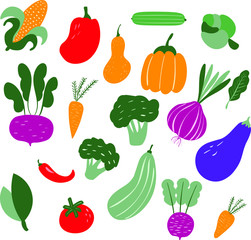 Big set with hand drawn colorful doodle vegetables and greens. Sketch style vector collection. pumpkin, tomato, onion, cucumber. Vegetarian healthy food. Vegan, farm, organic, natural