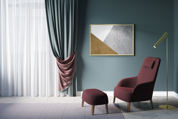 Cozy green living room. Window with dense green curtains with a burgundy wrong side, a horizontal poster above a burgundy armchair with a pouf for legs next to the lamp. Front view. 3d render