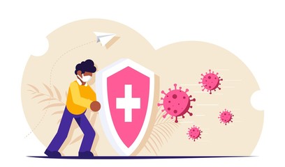 People with a shield is protected from a virus attack. Wearing a bactericide mask as a precaution against infection. Modern flat vector illustration isolated on white background.