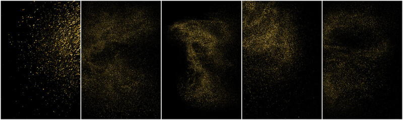 Fototapeta premium Set of Gold Glitter Texture Isolated on Black Background. Golden stardust. Amber Particles Color. Sparkles Rain. Vector Illustration, Eps 10.