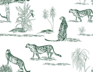 Safari Cheetahs Isolated Figures in Bushes Wallpaper Design Outline Drawing on White Background, Wildlife Animals, Hoopoe Birds in Exotic Plants, Lithography Illustration