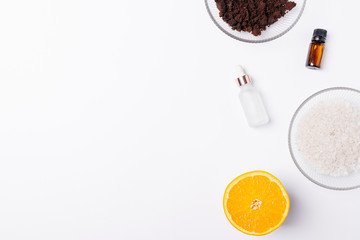 Natural ingredients for homemade scrub with ground coffee