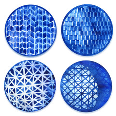 plate tableware blue ornament decorative blue pottery round flat tray watercolor isolated on white background