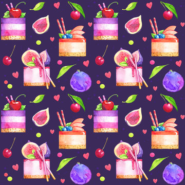 baking sweets panna cotta fruit figs cherry summer night wrapping paper decoration kids cafe background watercolor pattern dark