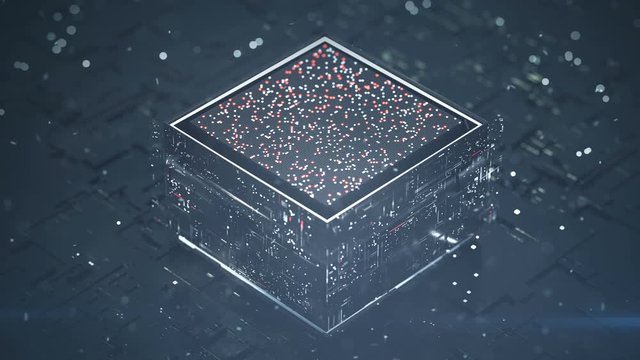 Central processing unit is analyszing data. Computer science fiction concept. Seamless loop 3D render animation with DOF
