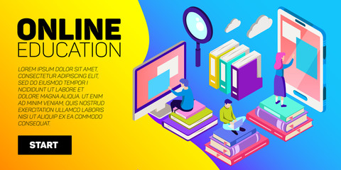 Obraz premium Isometric online education vector banner. E-learning. Imagination ad creativity.