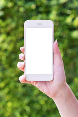 Woman hands holding smartphone isolated white screen on green nature background