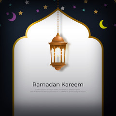 Illustration of mosque, moon, star and lantern background. with sale 50% off. Good to use for banner, social media feed, wallpaper etc.