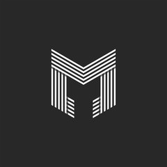 Monogram letter M logo initial, black and white lines art typo mark design element, weaving pattern shape