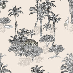 Seamless Pattern Animals on the Beach at the Sea with Palms Black and White, Crane, Leopard in Tropical Plants Doodle Drawing Print, Wildlife Textile Pattern