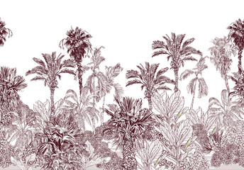 Seamless Border Vintage Etching Tropical Jungle Pattern, Toile Tropics Wallpaper Design, High End Palms Brown on White Background - 338415194