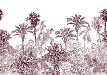 Seamless Border Vintage Etching Tropical Jungle Pattern, Toile Tropics Wallpaper Design, High End Palms Brown on White Background © Irina