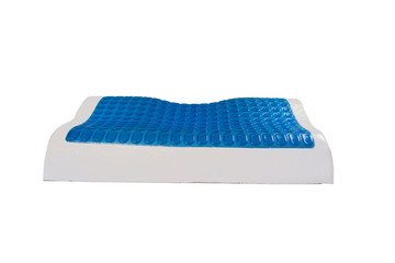 Orthopedic pillow from latex with memory and cooling effect, hydro gel layer. Medical treatment pillow for sleep under the head with a recess under the neck isolated on white background.