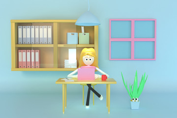 A woman sitting and working at home using a notebook computer. 3d illustrator