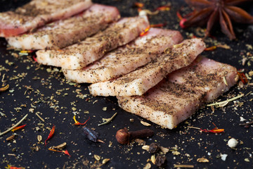 Closeup slices of breast with spices.