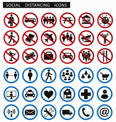 Social distancing related icons symbols set