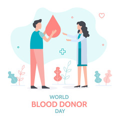 Word blood donor day banner. Volunteer passes his blood to the nurse. Flat vector illustration.