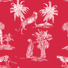 Seamless Pattern Cheetah in Palm Plants Dessert Safari White on Red Background, Lithography Wild Animals in Exotic Trees Small Isolated Groups, Chic Design