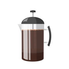 French press full of coffee. Realistic vector illustration isolated on white background.