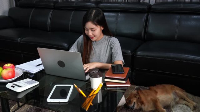 4k video of pretty asian woman working remotely from home using laptop sitting on the couch or sofa in living room for work online with pet puppy cute dog and guardian, work life balance concept.