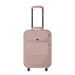 Beige suitcase vector illustration. Large travelling bag on wheels and handle. Isolated on white background.