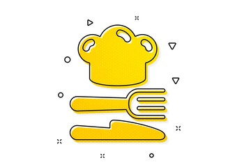 Cooking chef sign. Food icon. Fork, knife symbol. Yellow circles pattern. Classic food icon. Geometric elements. Vector