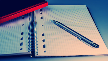 Open notebook and silver pen and notebook.