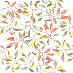 Yellow and red watercolor branches on white background: floral seamless pattern, hand drawn wallpaper design, tender textile print.