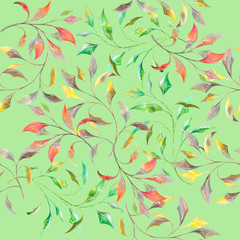 Colorful watercolor branches on green background: floral seamless pattern, hand drawn wallpaper design, tender textile print.