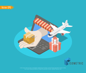 Travel and tourism background. Buying or booking online tickets. Travel, Business flights worldwide. Flat 3d isometric.