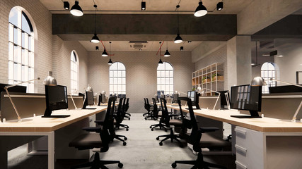 Interior Empty Modern Loft Office open space modern office footage.Modern open concept Lobby and reception area meeting room design.3d Rendering .