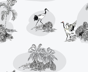 Seamless Pattern Cranes on the Beach with Palms Lithograph Etching Illustration Monochrome, Hand Drawn Engraving Illustration of Exotic Birds Love Couple Dance, Black and White on White Background