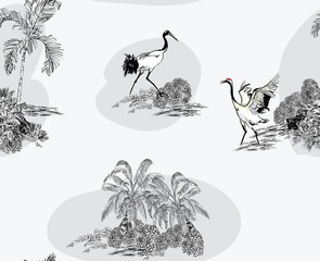 Naklejka premium Seamless Pattern Cranes on the Beach with Palms Lithograph Etching Illustration Monochrome, Hand Drawn Engraving Illustration of Exotic Birds Love Couple Dance, Black and White on White Background