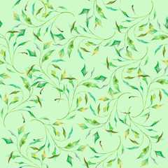 Green watercolor branches on light-green background: floral seamless pattern, hand drawn wallpaper design, tender textile print.