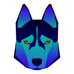 Abstract dog head isolated on white. Graphic cartoon husky dog portrait painted in imaginary colors for design card, invitation, banner, book, scrapbook, t-shirt, poster, sketchbook, album etc.