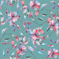 Purple watercolor branches with flowers on blue background: floral seamless pattern, hand drawn wallpaper design, tender textile print.