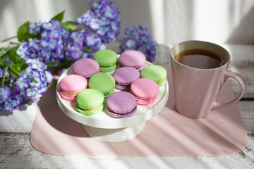 Cup of tea with macaroons morning Breakfast