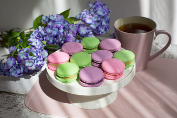 Cup of tea with macaroons morning Breakfast