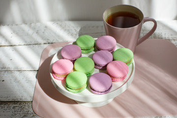 Cup of tea with macaroons morning Breakfast